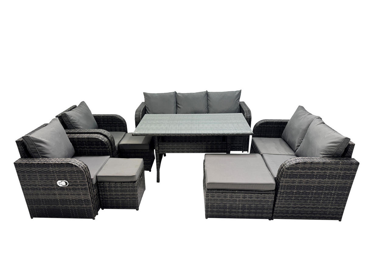 Gartenmöbelset mit Esstisch,3-Sitzer Sofa,3 Hockern Polyrattan Dunkelgrau 10-Sitzer - Dunkelgrau/Grau, Glas/Kunststoff - Fimous