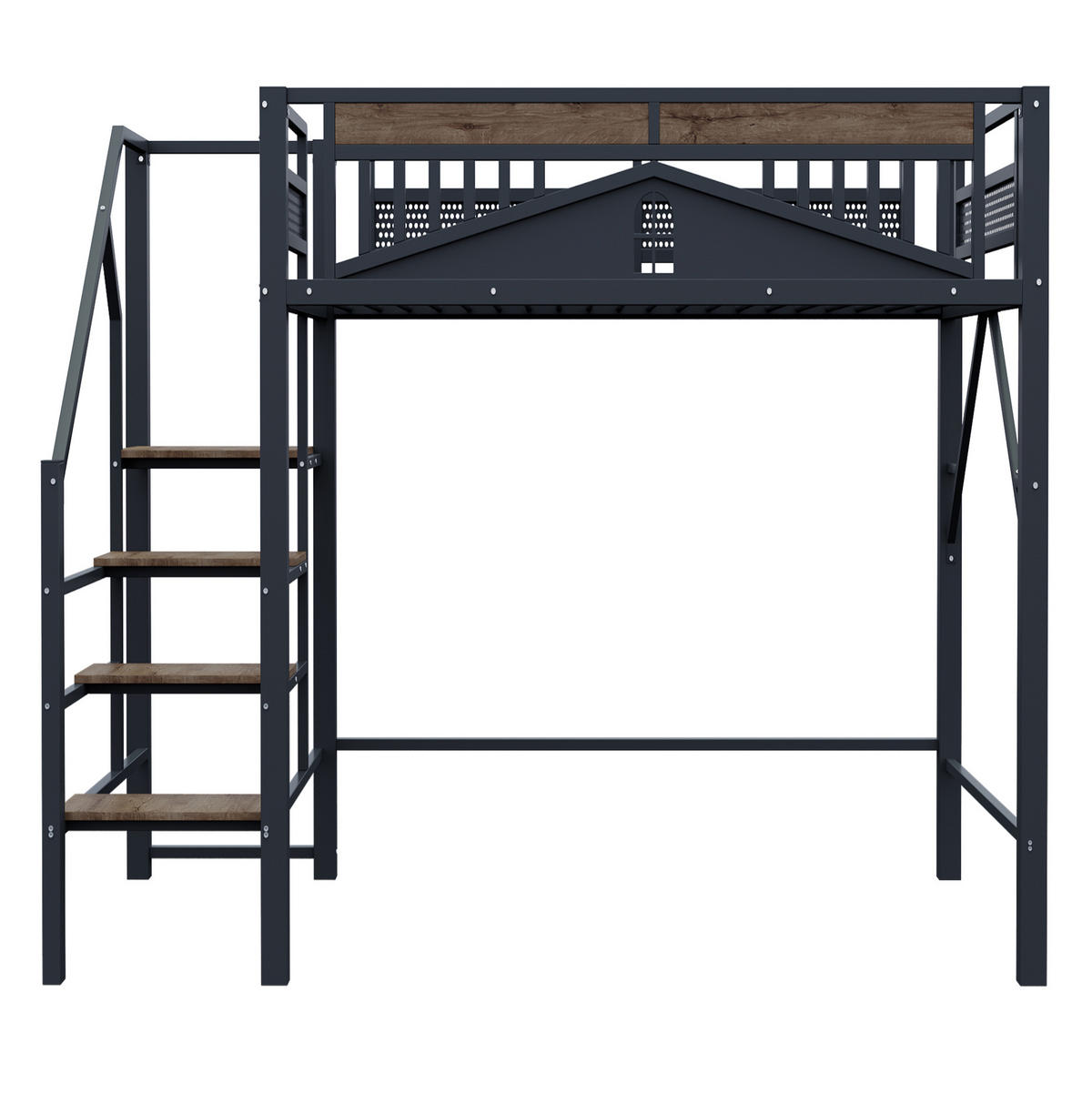 HOCHBETT 140/200 cm mit Sicherheitsleiter, Fensterdesign und Stauraum, Schwarz - Schwarz, Metall (140/200cm) - Redom