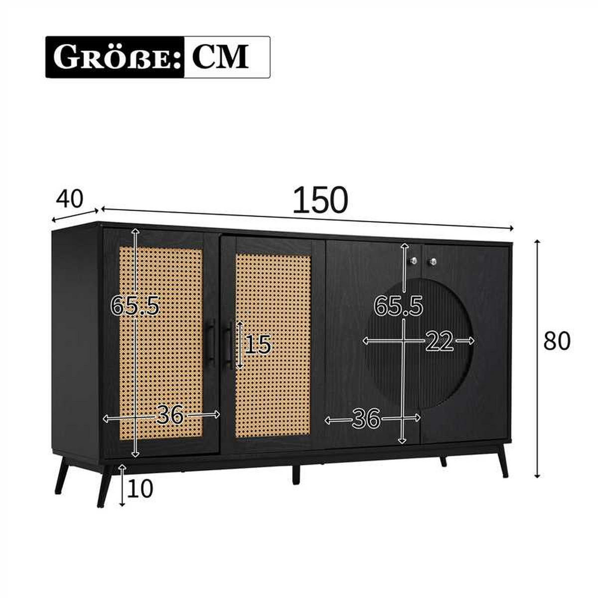 SIDEBOARD mit Rattan-Elementen und Schiebetüren, 150/40/80 cm - Schwarz, Holzwerkstoff (150/80/40cm) - Urban Meuble