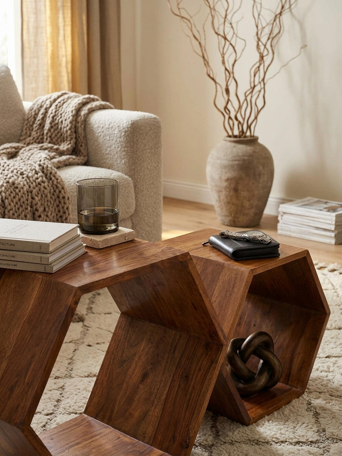 BEISTELLTISCH Set – 2-teilig Massivholz Braun Wabenform handgefertigt - Braun, Holz (30/46/40cm) - KADIMA DESIGN