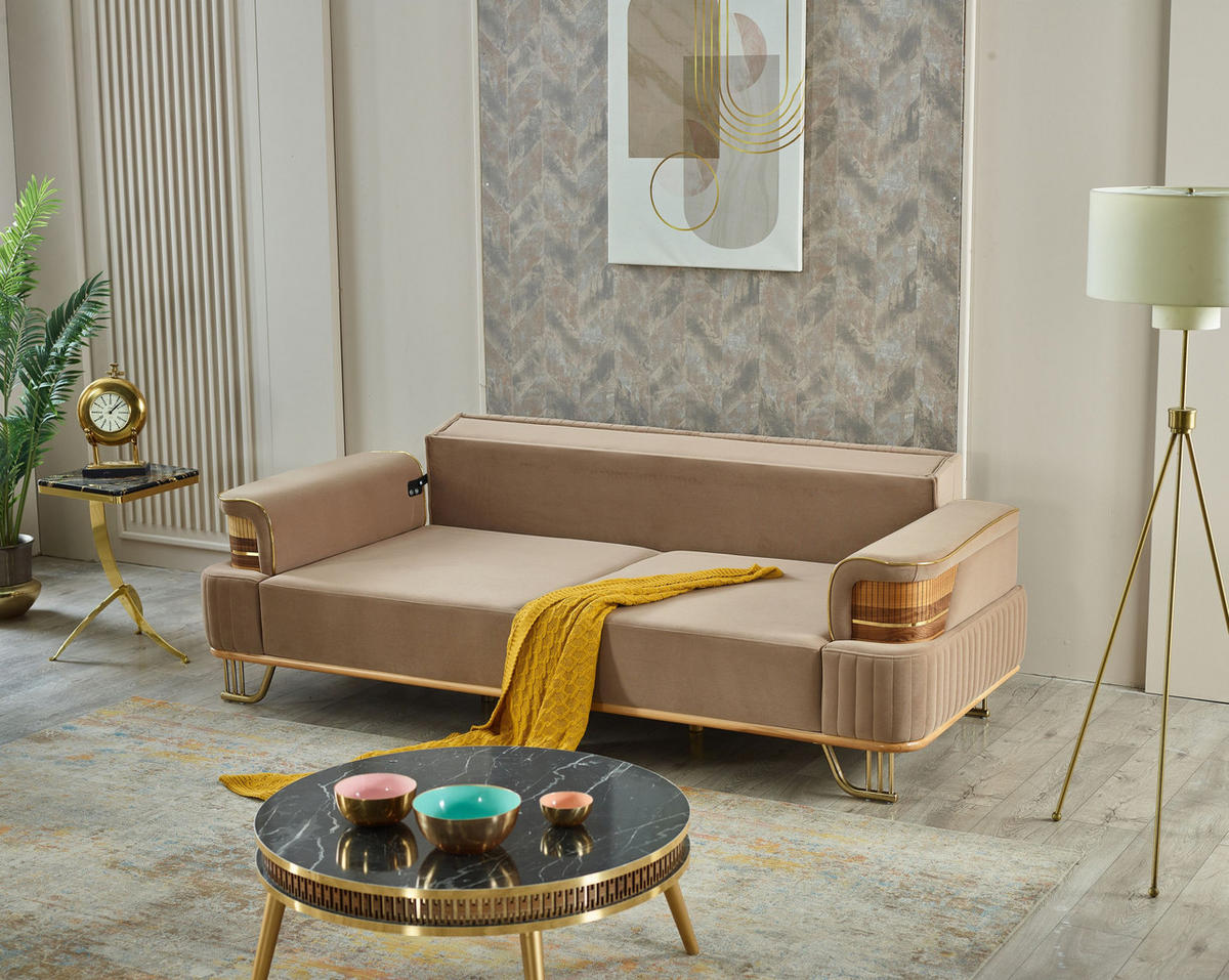 SITZGARNITUR Braga Hellbraun Stellvariante:3+1+1 - Beige, Holz (230/85/95cm) - Villa Möbel