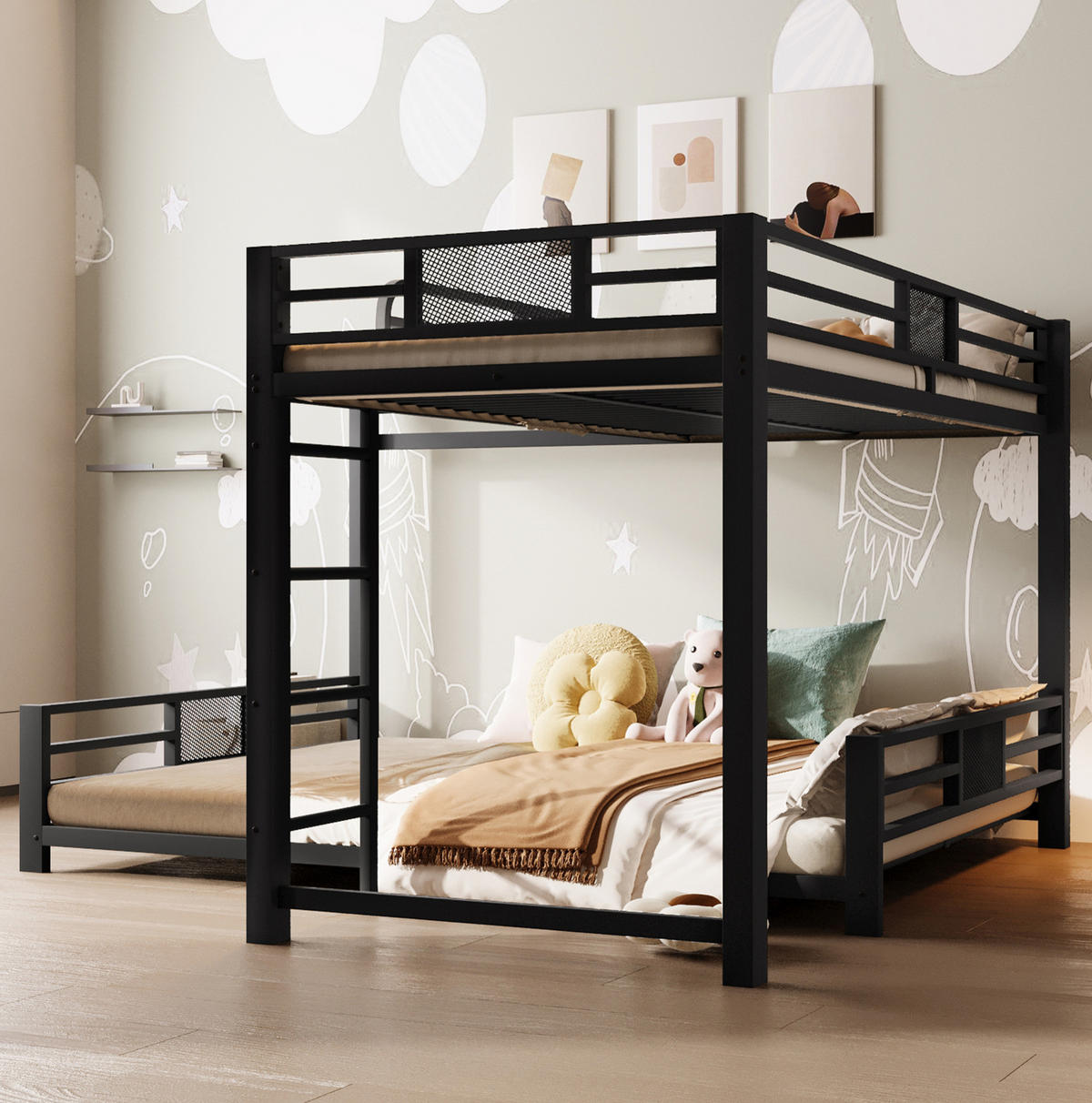 ETAGENBETT 140/200 cm schwarz aus Metall mit L-Form - Schwarz, Metall (140/200cm) - OKWISH