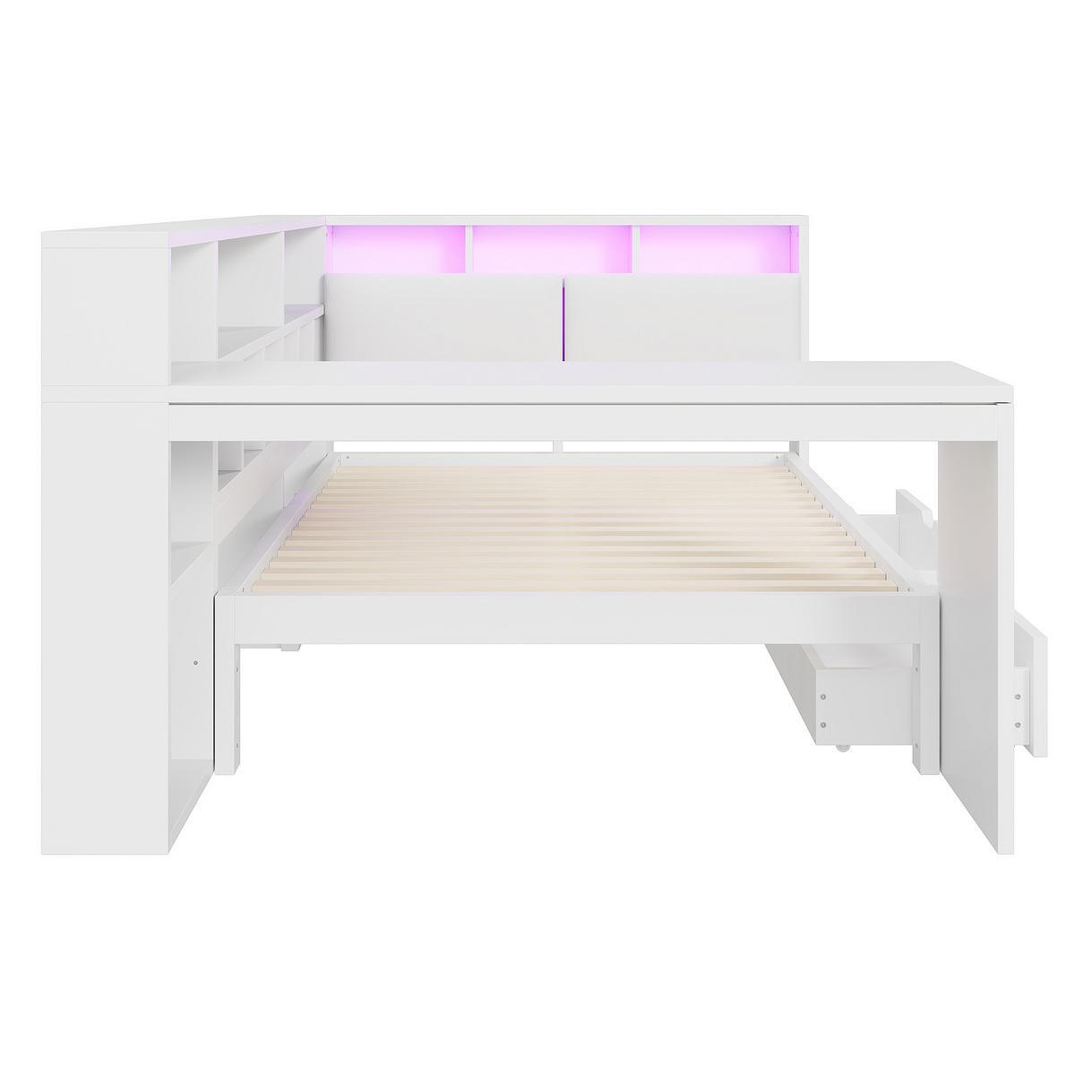 STAURAUMBETT 140/200 cm DE-03367, mit Bücherregal, gepolstertem Kopfteil, Schubladen und LED, in Weiß - Weiß, Holzwerkstoff (140/200cm) - ComfortXL