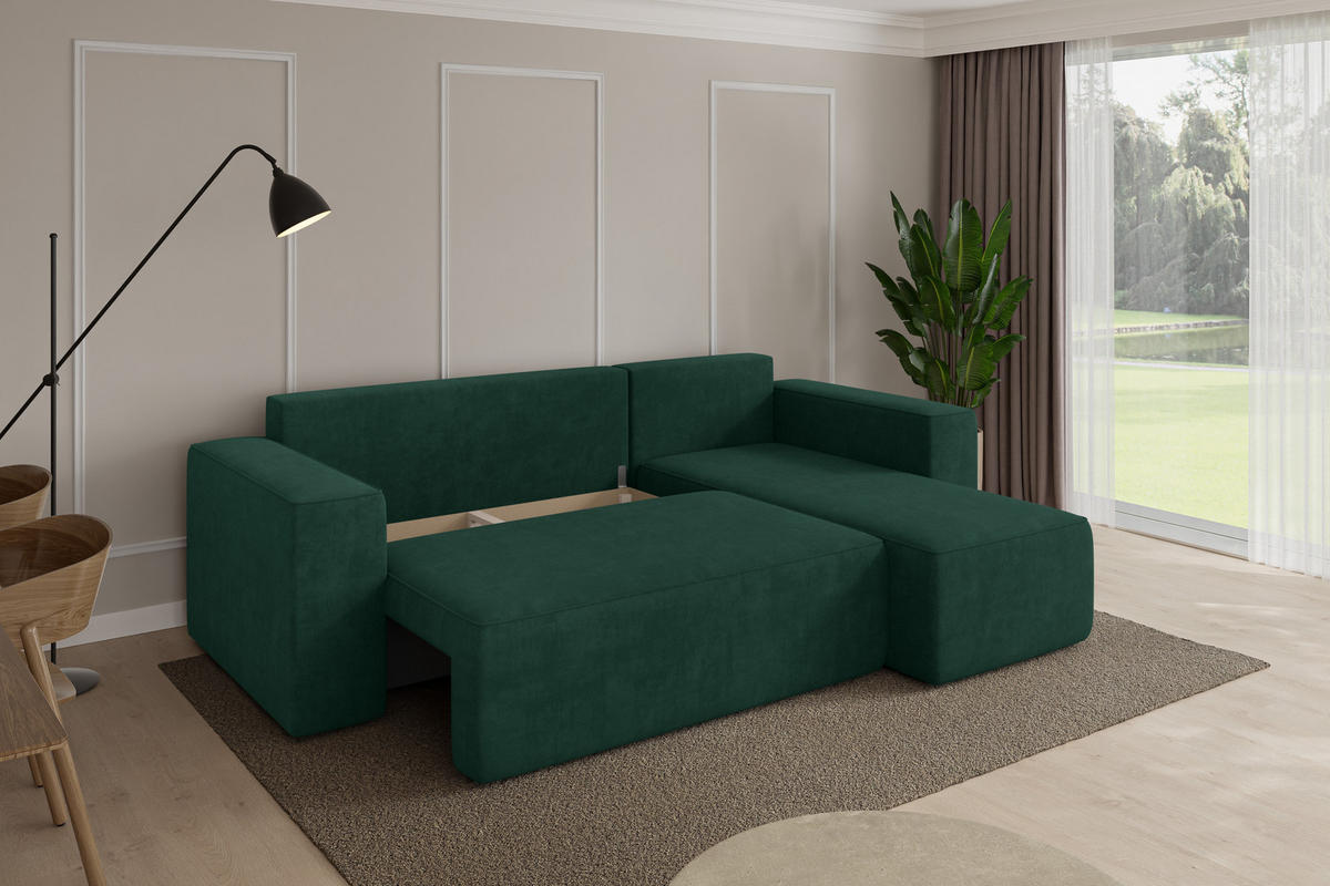 ROHOVÁ SEDAČKA s funkcí spaní, otoman vpravo SENO-L 249x139x85 zelená velur - černá/zelená barva, kompozitní dřevo/textil (249/139cm) - ALTDECOR
