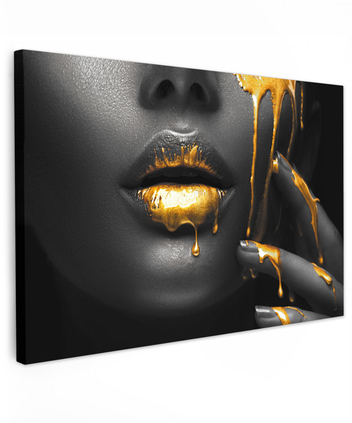LEINWANDBILD Frau - Schwarz - Gold - Gesicht - Lippen 30x20 cm - Goldfarben, Textil (30/20cm) - MuchoWow