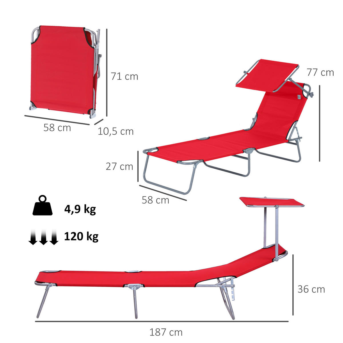 SONNENLIEGE DE-07703 klappbar, mit Dach, 4-fach verstellbar Rot - Rot, Metall (58/36/187cm) - ComfortXL
