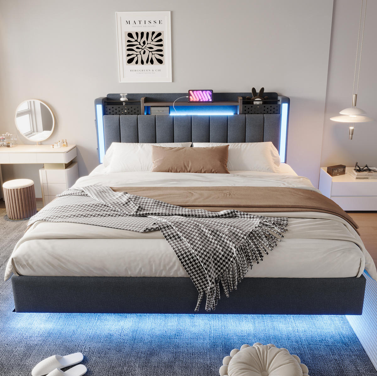 POLSTERBETT mit LED, USB und Stauraum 160x200 cm Grau - Grau, Metall (160/200cm) - Meubliv