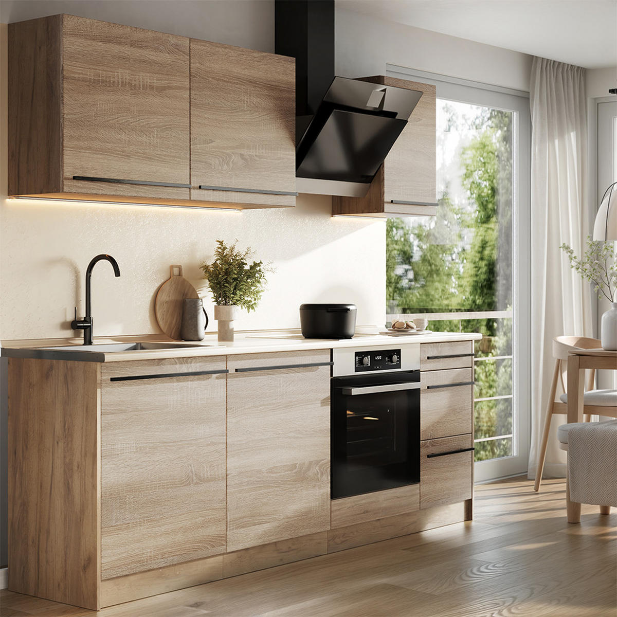 KÜCHENZEILE R-Line, Sonoma/Goldkraft Eiche, 220 cm Arbeitsplatte Marmor - Honigeiche/Sonoma Eiche, Holzwerkstoff (220/81.6/60cm) - Vicco