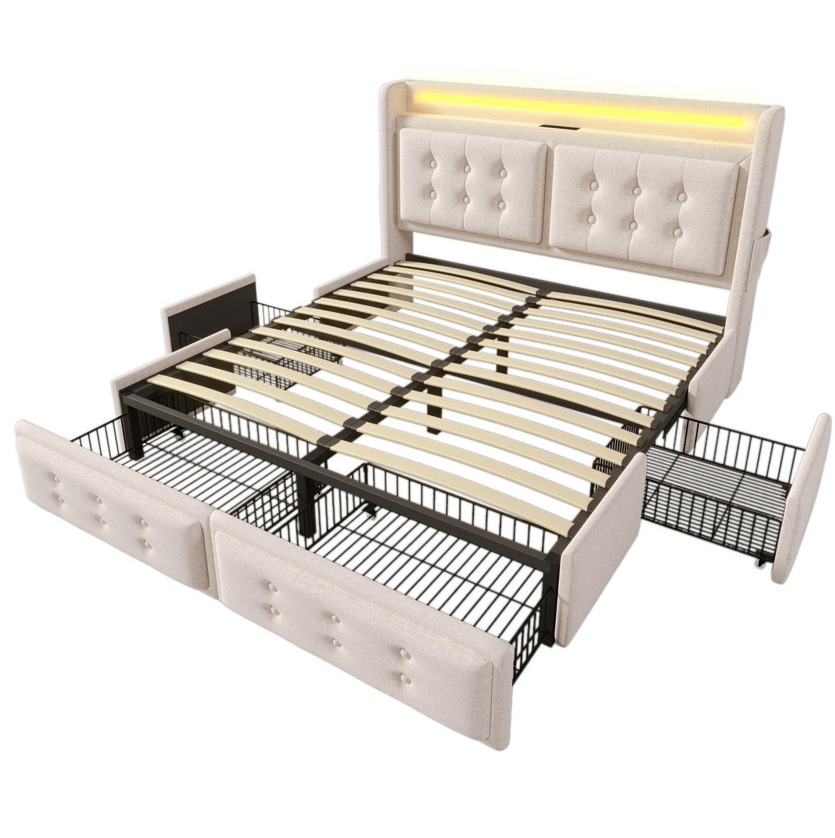 POLSTERBETT aus Baumwoll-Leinenstoff 140x200 cm Beige mit LED, USB-C und 4 Schubladen - Beige, Textil (140/200cm) - IVMEU