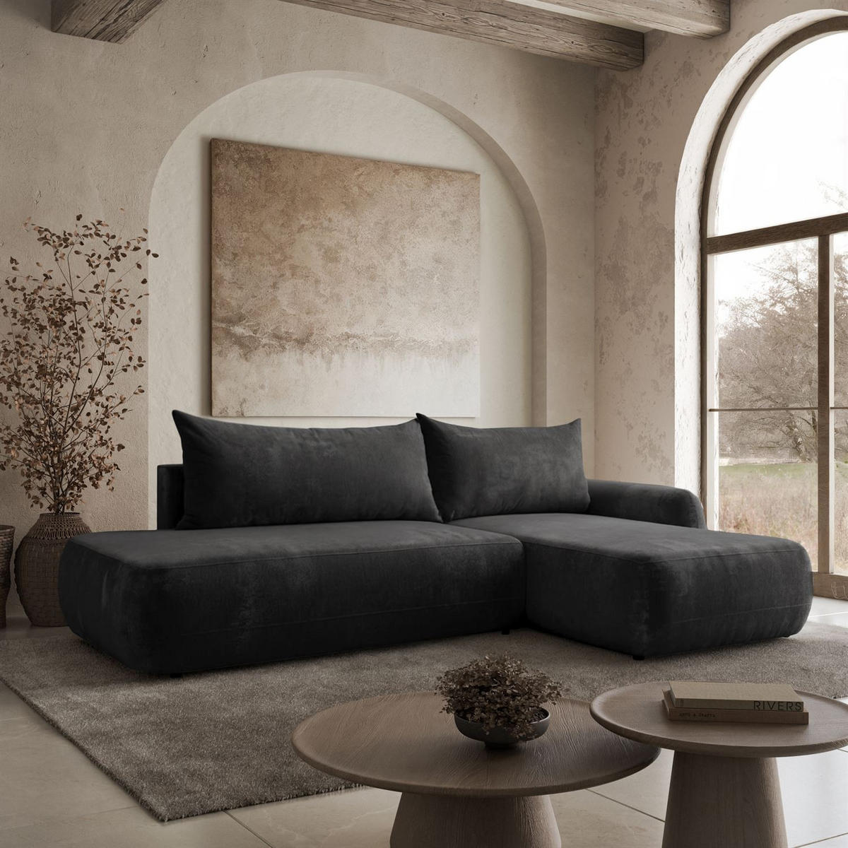 ECKSOFA GOYA mit Schlaffunktion und Bettkasten, Rechte, Perfect Harmony 90 - Graphitfarben, Textil (302/184cm) - Lookway