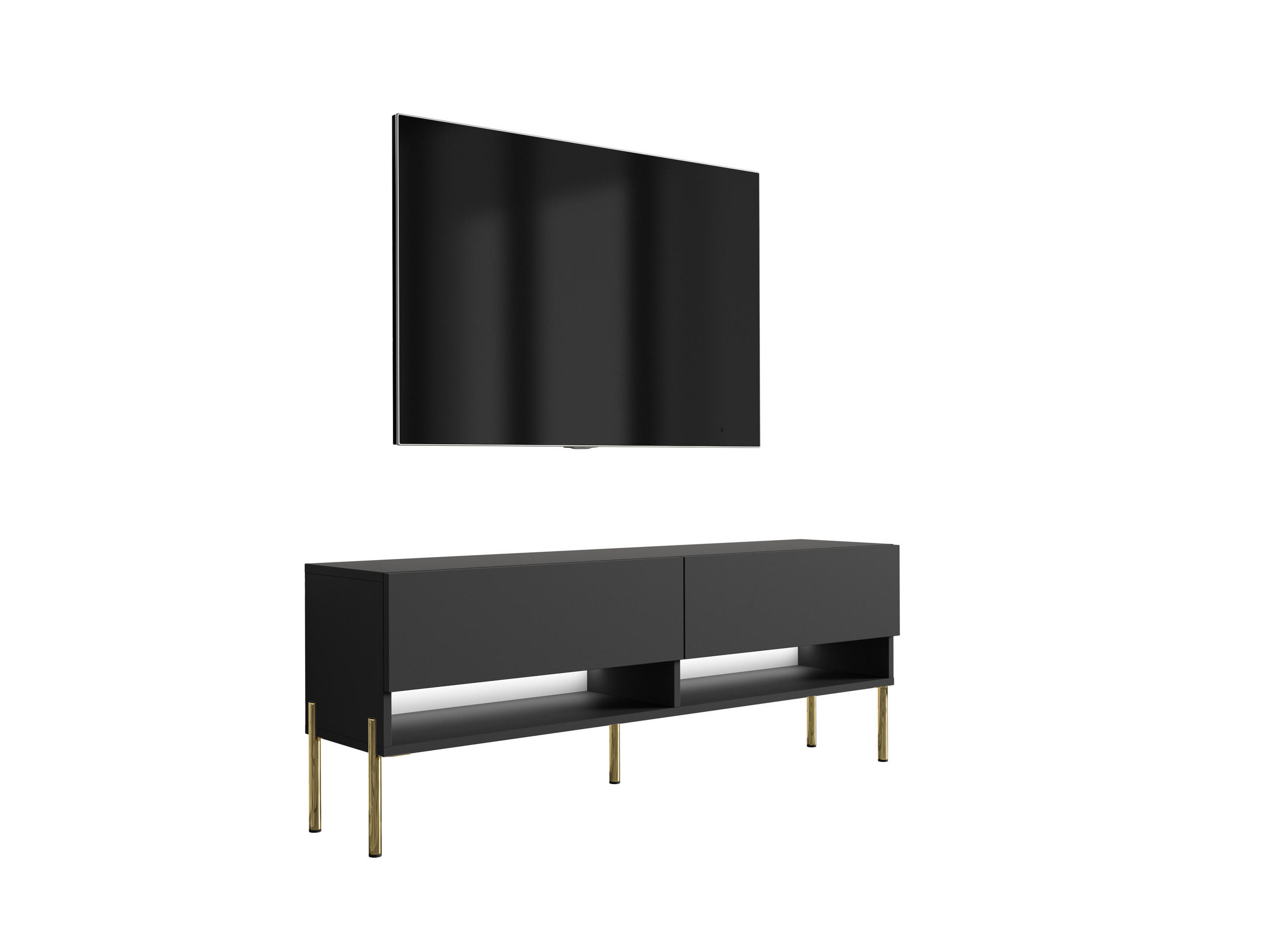 TV-LOWBOARD 140 cm Mattschwarz, gerade goldene Beine, weiße LED, 140 × 32 × 52 cm - Schwarz, Holzwerkstoff (140/52/32cm) - 3XE LIVING