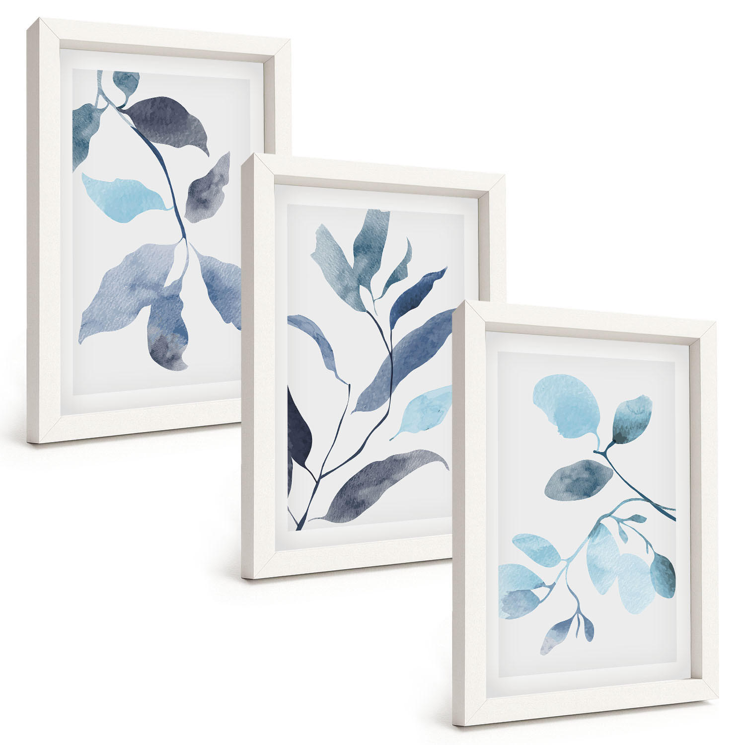 BILDER SET 3er Set - 20x30 cm Weißer Rahmen - Aquarell von blauen Blättern - Weiß, Kunststoff (20/30cm) - TULUP
