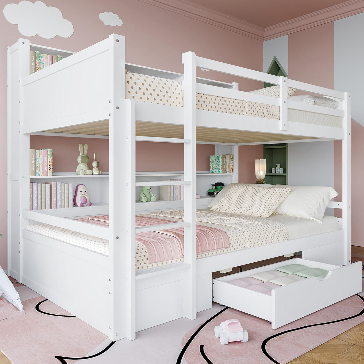 ETAGENBETT 90/200 cm Weiß mit Schublade und Ablagefächern - Weiß, Holz (90/200cm) - OKMYHOME