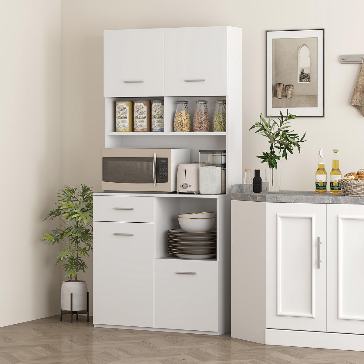 KÜCHENSCHRANK Hochschrank mit verstellbaren Regalen Schublade Weiß - Silberfarben/Weiß, Holzwerkstoff/Metall (35/180/80cm) - HOMCOM