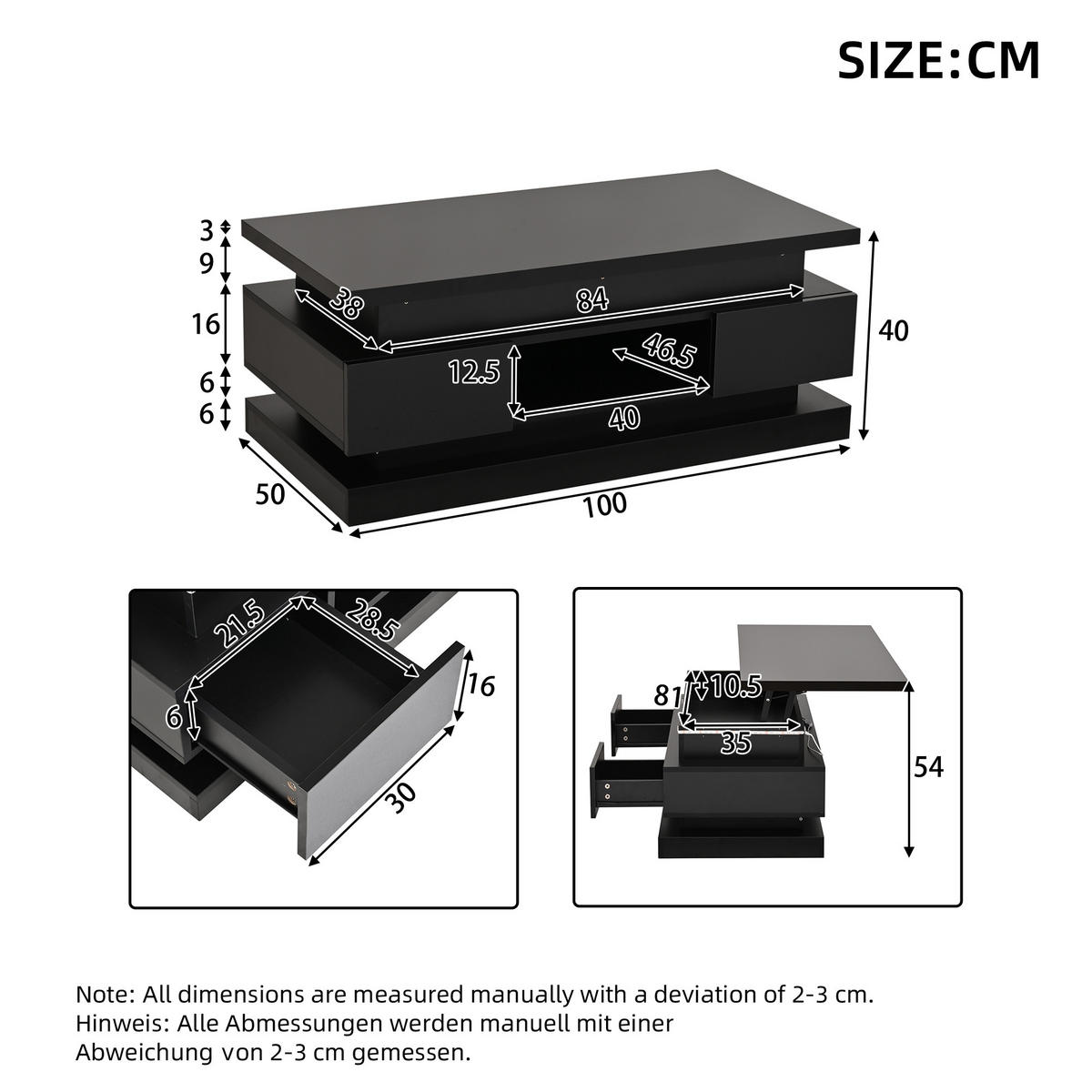 COUCHTISCH anhebbar Schwarz 2 Schubladen LED 100x50x40cm - Schwarz, Holzwerkstoff (100/50/40cm) - FLIEKS
