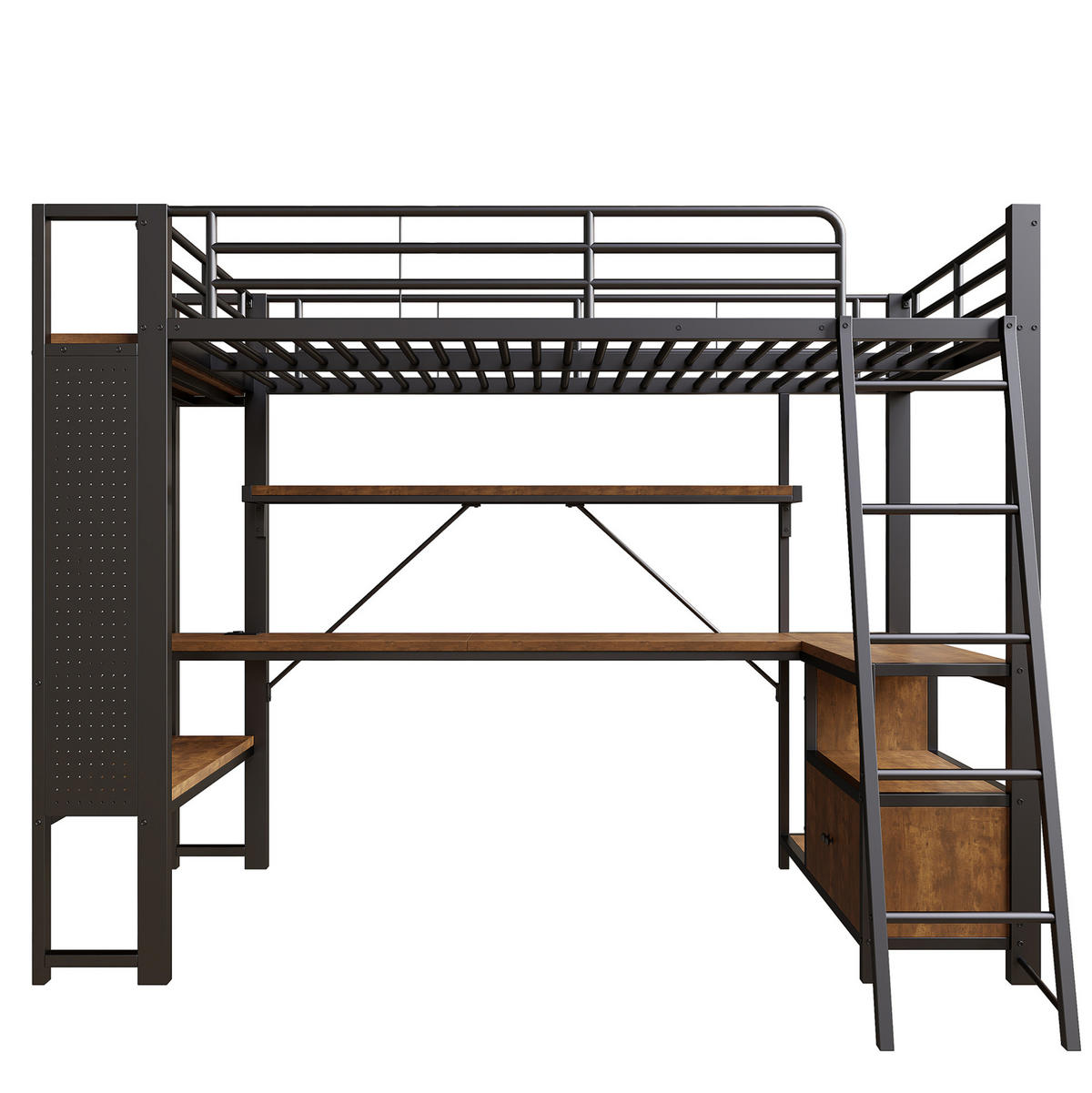 HOCHBETT aus Metall und MDF 90x200 cm Schwarz mit LED, Schreibtisch, Regalen, Lochwand und USB-Anschluss - Schwarz, Metall (90/200cm) - Modfu