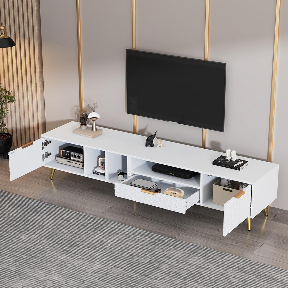 TV-STÄNDER 180x40cm Modern vertikal matt Wabenmuster Weiß bis 80 Zoll - Weiß, Holz (52/11.5/93.5cm) - FLIEKS