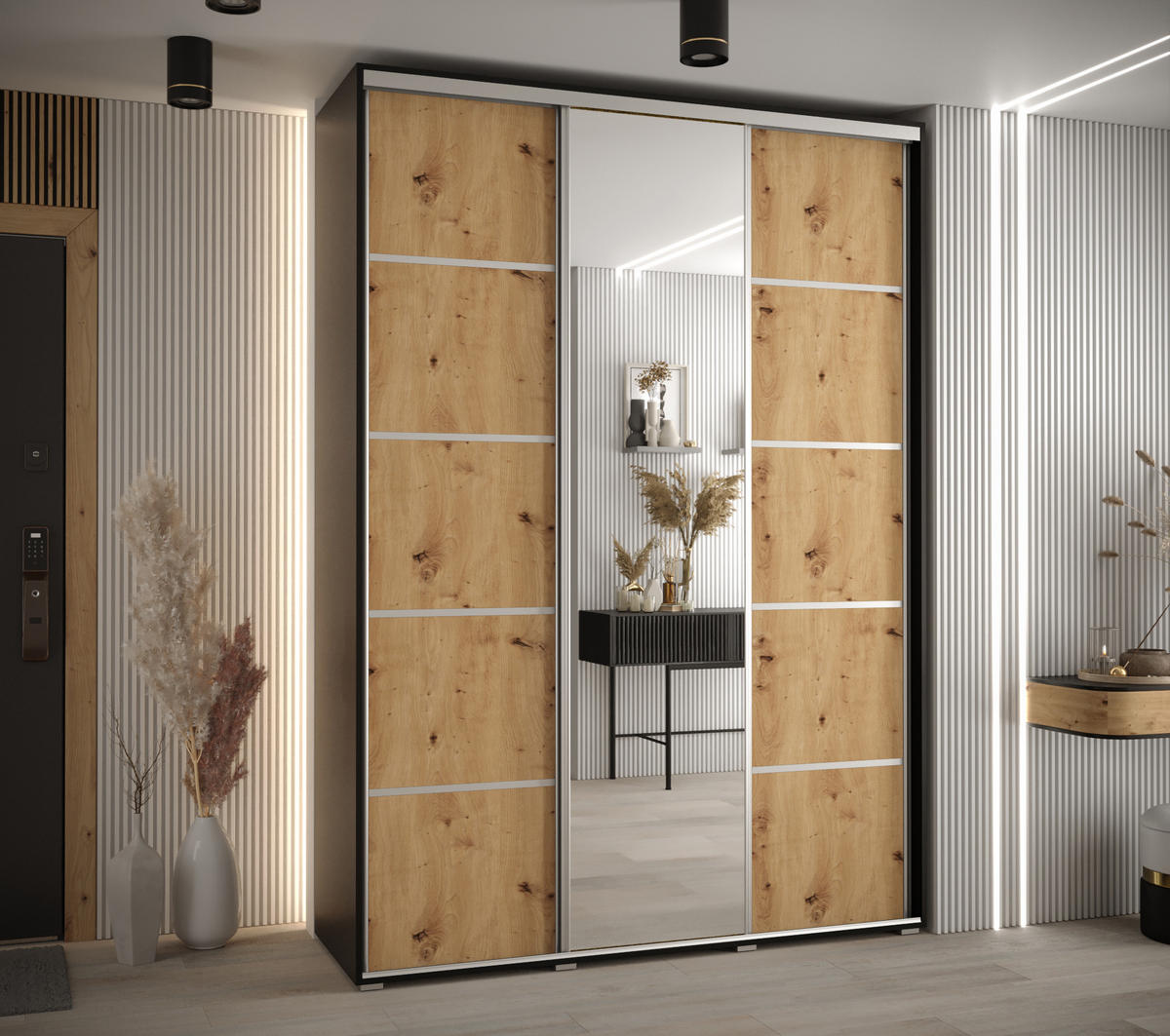 SCHWEBETÜRENSCHRANK 235,2/180/60 3-türig - Silberfarben/Schwarz, Holz/Metall (180/235/60cm) - Abiks Möbel