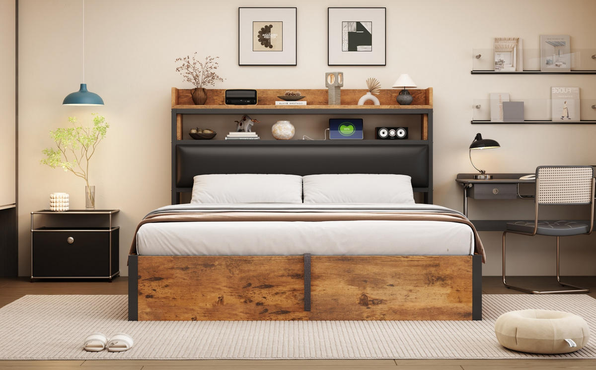 POLSTERBETT 180/200 cm Schwarz aus Metall, Holz und Stoff mit Stauraum und USB - Schwarz, Metall (180/200cm) - OKMYHOME