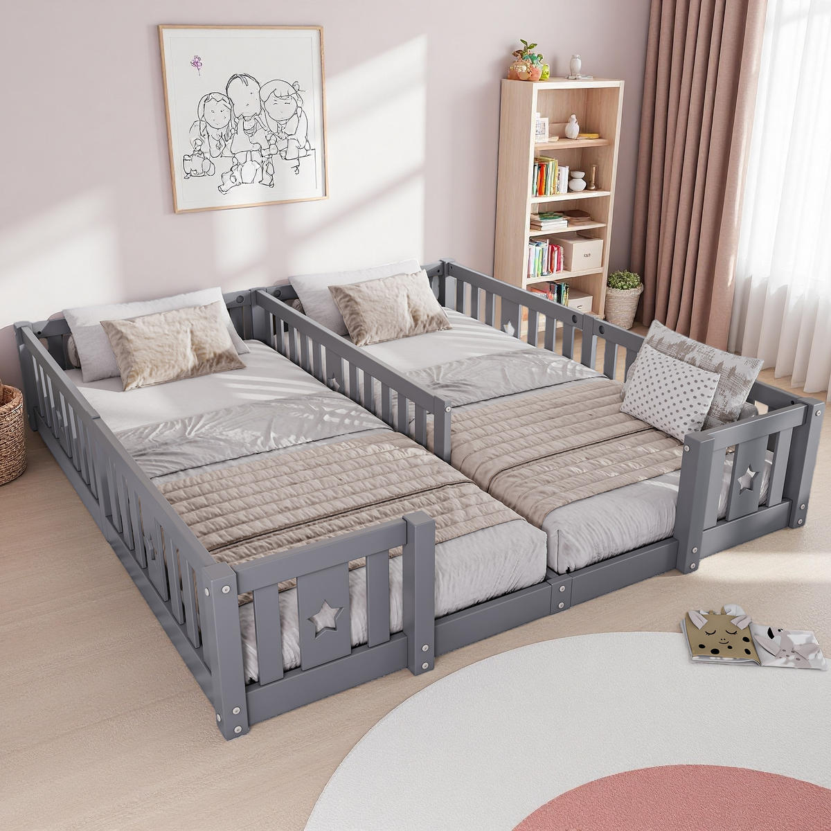 DĚTSKÁ postel 90x200 šedá borovice, bezpečnostní zábrana, hvězdicový otvor - šedá, dřevo - SHOPENTRA