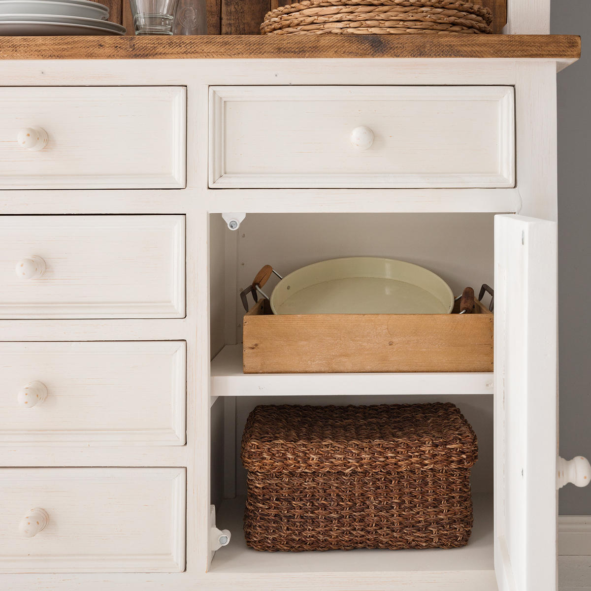 BUFFETSCHRANK - Kiefer massiv - Weiß/Kieferfarben, Holz (159/200/40cm) - home24