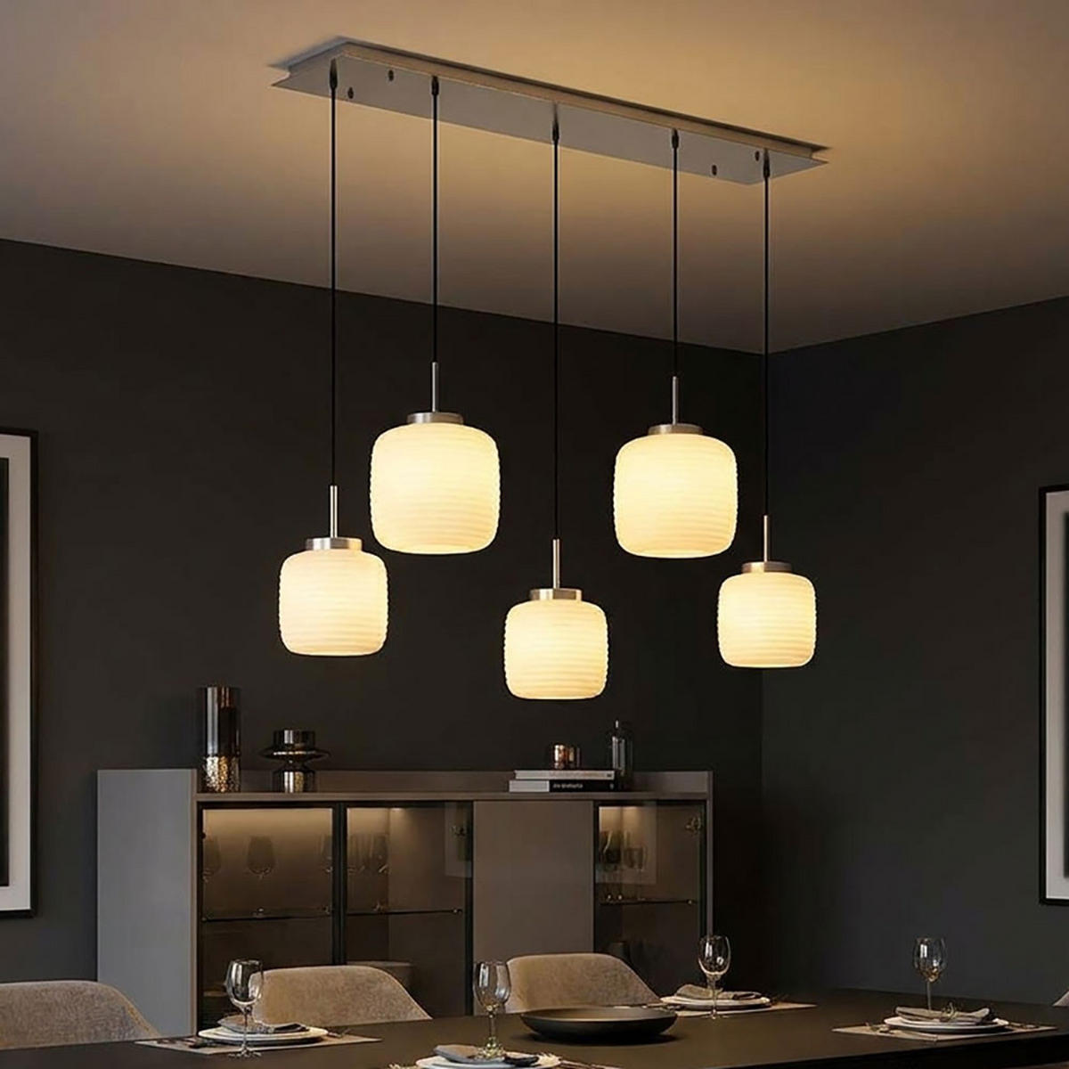 LED HÄNGELEUCHTE KLADORA Metall, Glas, Silber, 5-flammig - Silberfarben, Glas (106/38/130cm) - Globo Lighting
