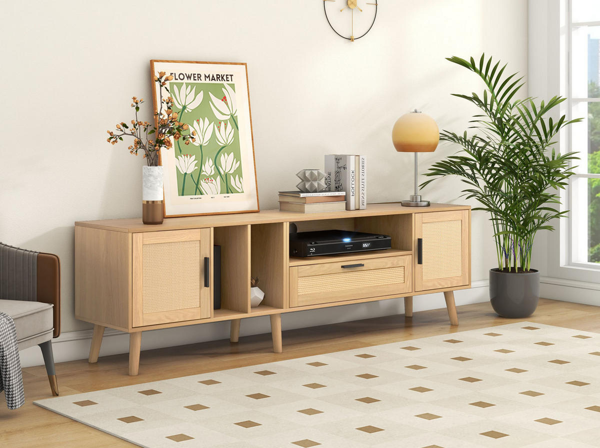 TV-SCHRANK in Eiche-Optik mit Rattan-Front, 2 Türen und 1 Schublade 180/40/48 cm - Eichefarben, Holzwerkstoff (180/54/40cm) - Redom