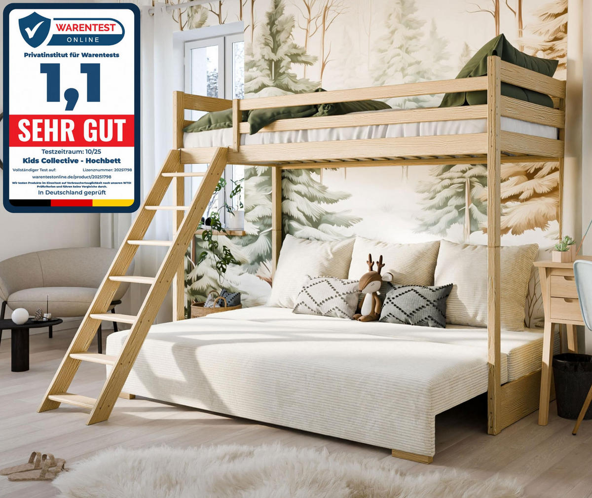 HOCHBETT mit Schlafsofa 200x140 cm in natur und cremefarben - Creme/Naturfarben, Holz (140/200cm) - Kids Collective