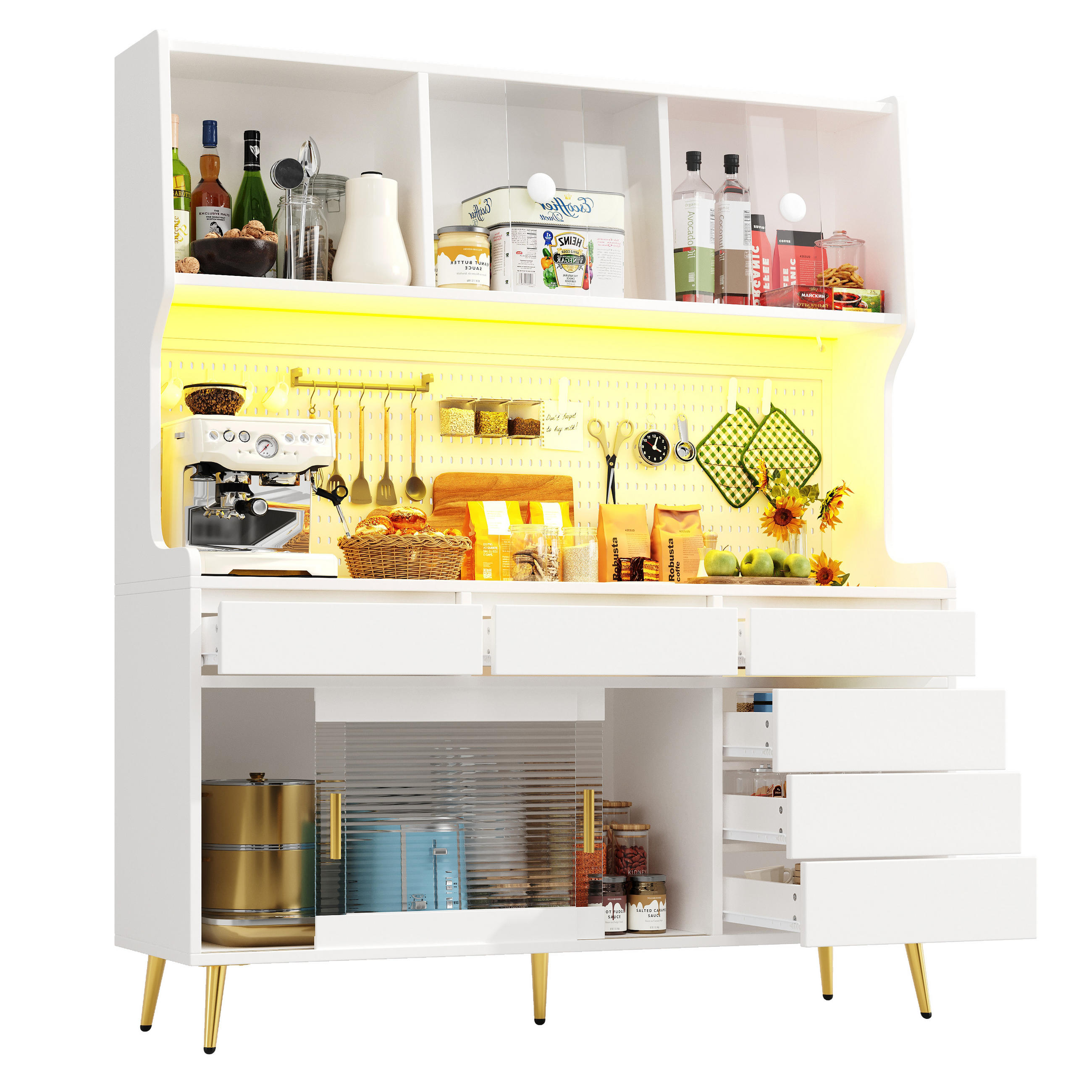 BUFFET 145/39/171 cm weiß aus MDF und Glas mit LED - Weiß, Holzwerkstoff (145/171/39cm) - OKWISH