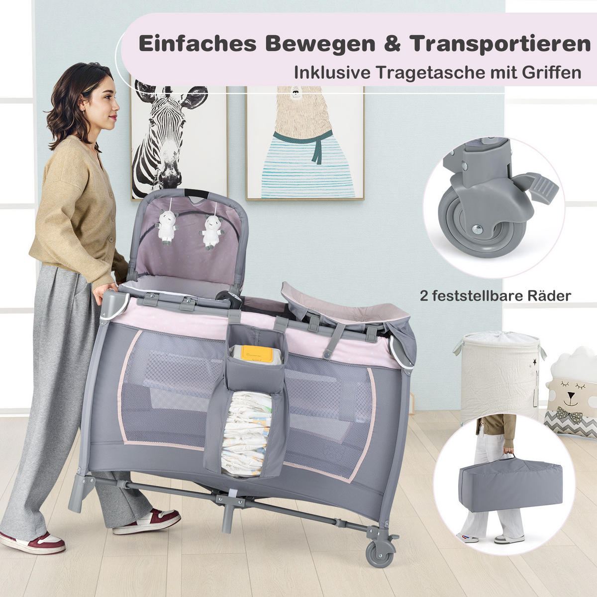 BABYBETT mit Matratze rosa - Pink, Textil - COSTWAY