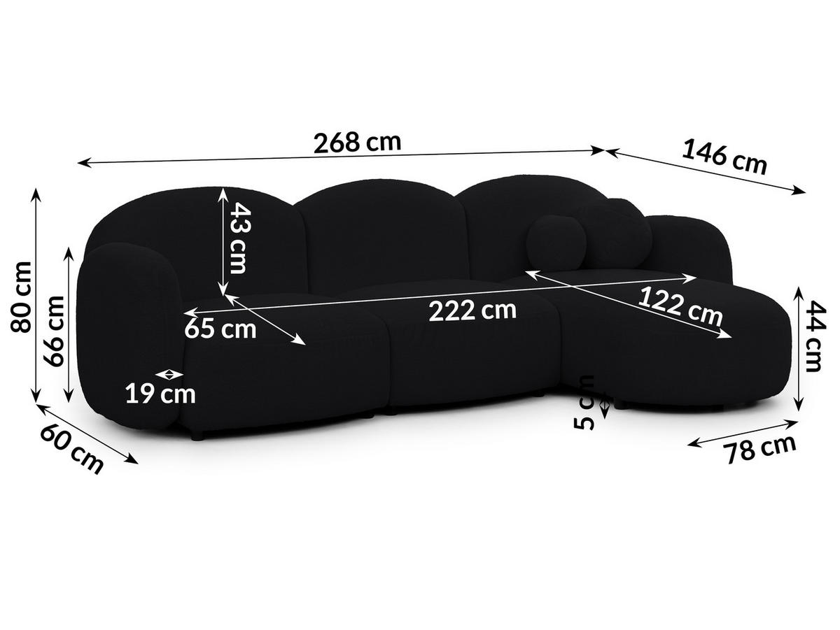 ECKSOFA Nuvola mit abgerundetem Design Schwarz Bouclé-Stoff - Ottomane Rechts - Schwarz, Holz/Kunststoff (268/146cm) - S-Style Möbel