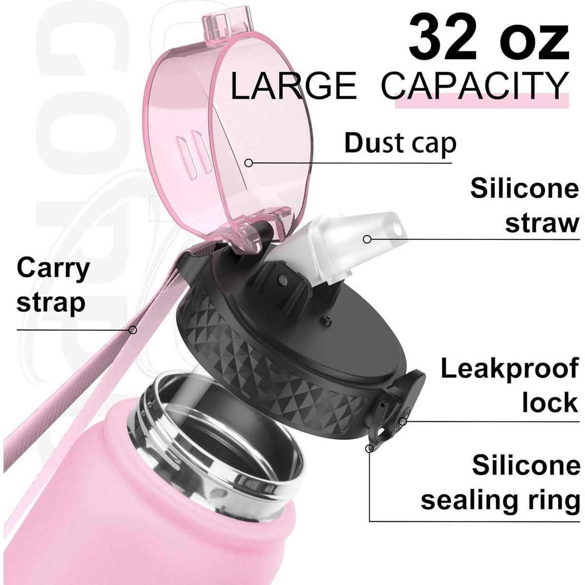 THERMOSFLASCHE 1 Liter mit Strohhalm und Trageriemen, Edelstahl, auslaufsicher, BPA-frei, Rosa/Lila - Multicolor, Metall (8/8cm)