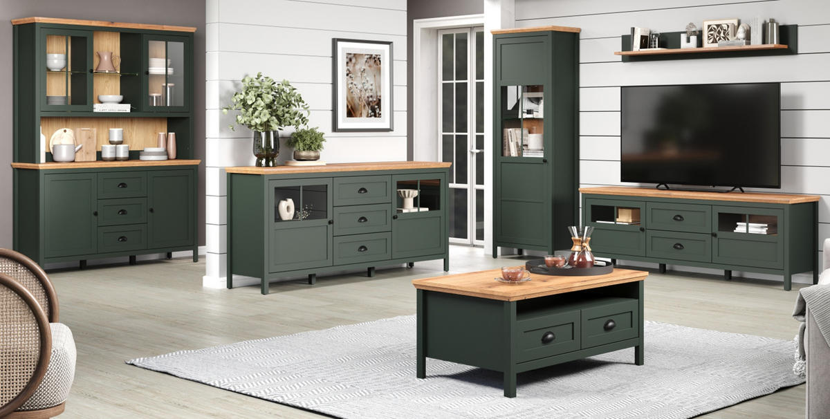 SIDEBOARD grün, Evoke Eiche Landhaus 146 x 86 cm, Kommode für Wohn- und Esszimmer - Eichefarben/Schwarz, Holzwerkstoff/Kunststoff (146/86/45cm) - Top.Furn