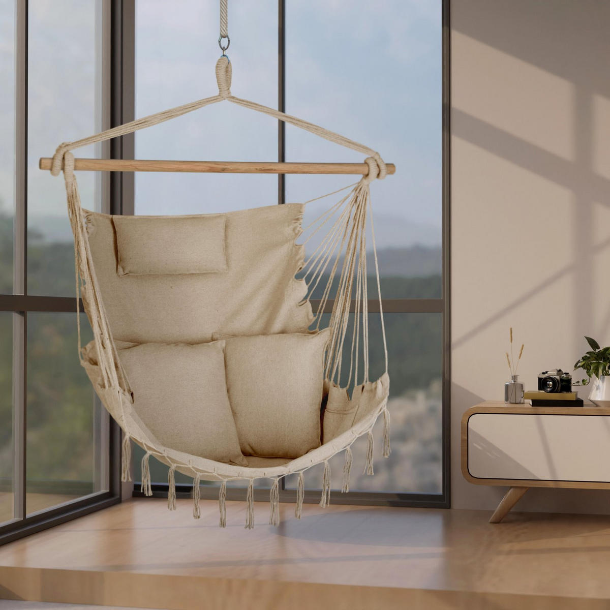 HÄNGESESSEL mit 3 Kissen 75/100/130 cm, bis 140 kg - Beige, Textil (100/130/75cm) - Outtec