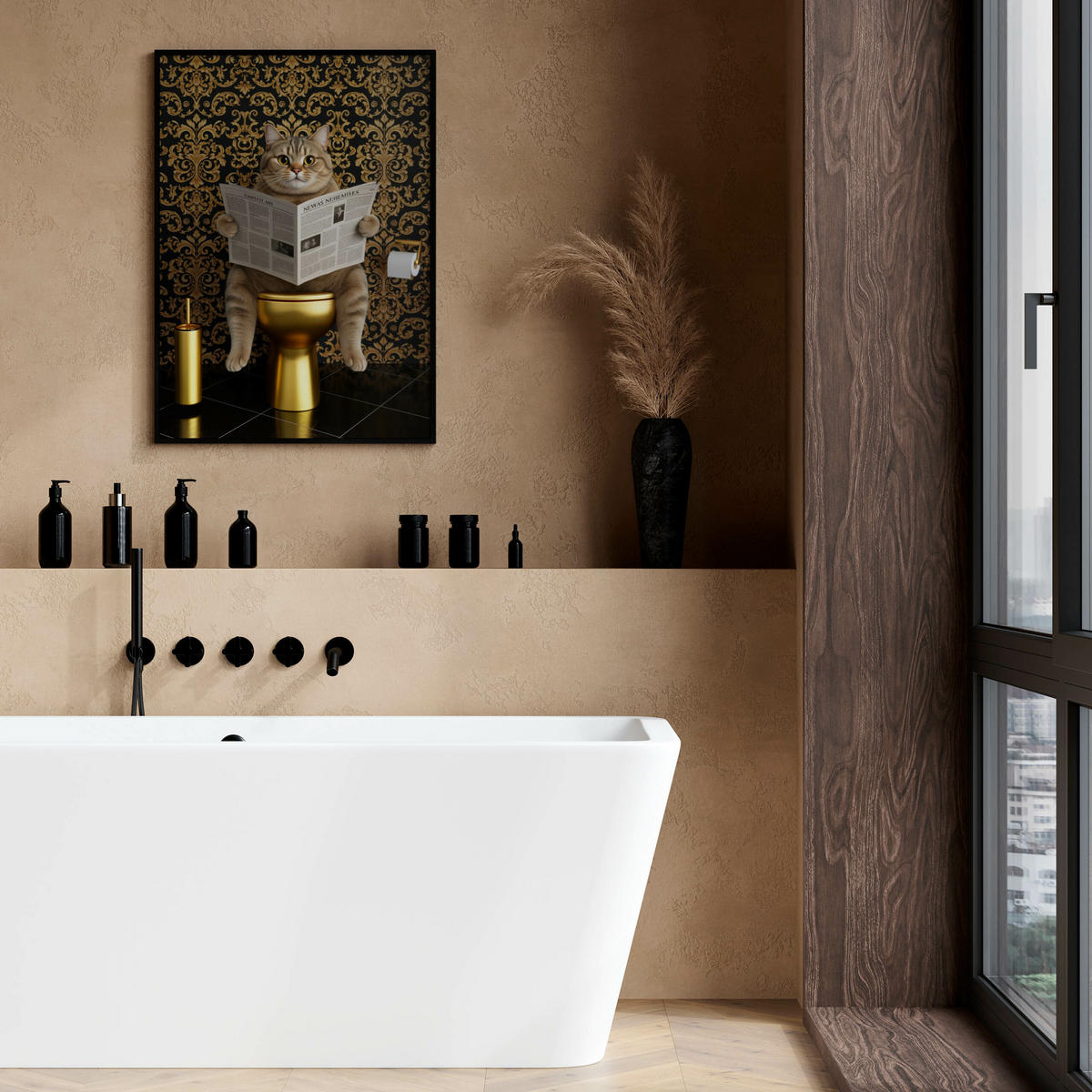 POSTER für Badezimmer WC KATZE auf Toilette mit Zeitung Glamour Abstraktion 20x30cm - Gelb/Beige, Papier (20/30/30cm) - Muralo