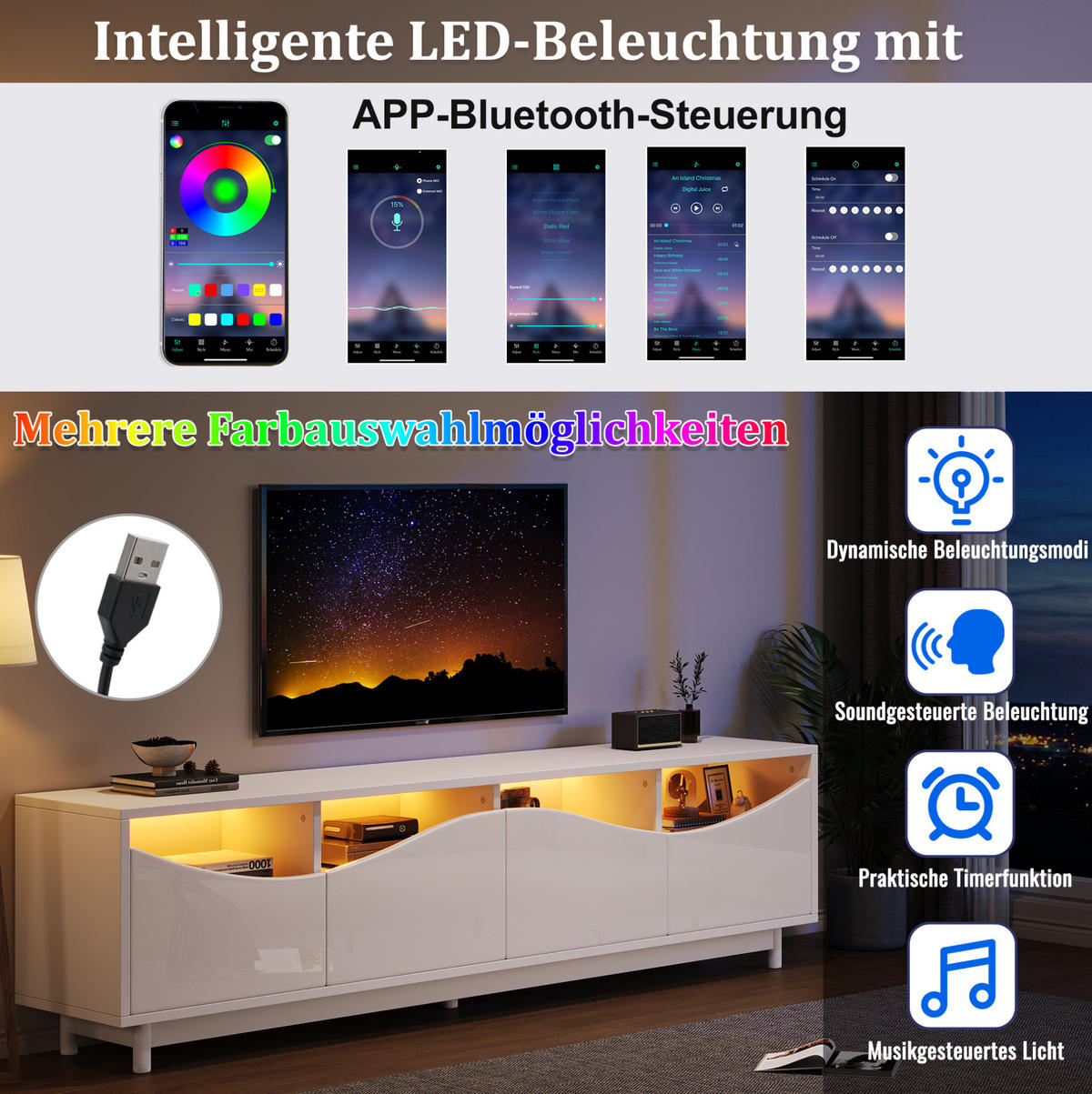 TV skrinka 175/38/51 cm biela s LED osvetlením a bezúchytkovými dvierkami z MDF a tvrdeného skla - biela, kompozitné drevo (175/51/38cm) - OKWISH