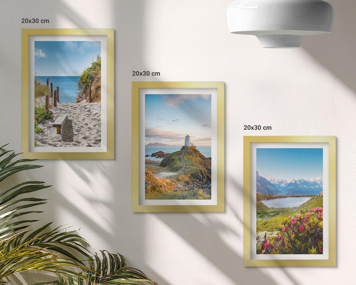 WANDBILDER 3er Set - 20x30 cm Goldrahmen - Strand, Leuchtturm, Berge, Blumen - Goldfarben, Kunststoff (20/30cm) - ArtPrintCave