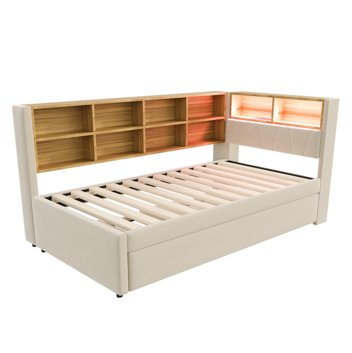 ČALÚNENÉ rozkladacie lôžko z flanelu 90x200 cm béžové s LED osvetlením, USB a úložným priestorom - béžová, textil (90/200cm) - Modfu