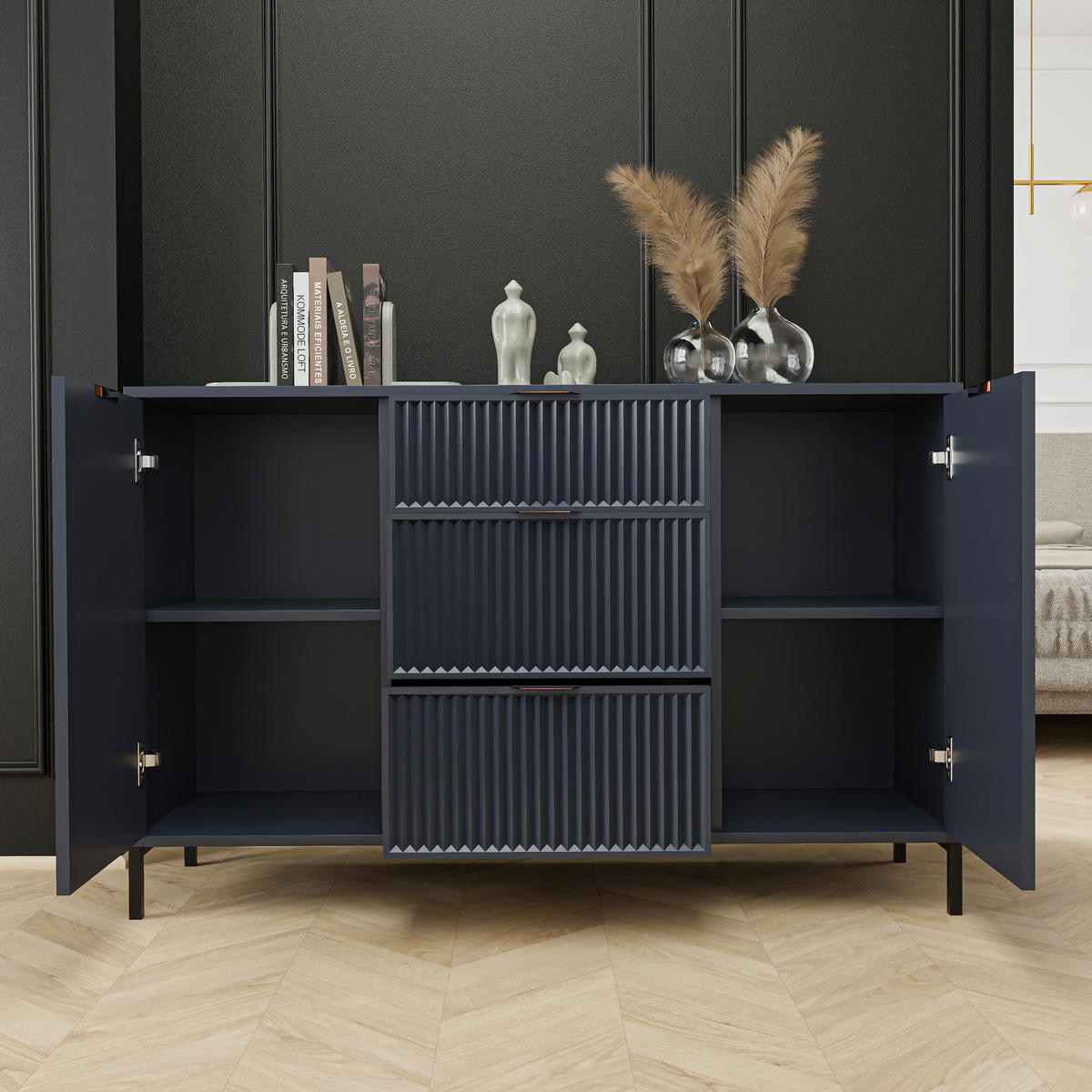 KOMMODE klein Aufbewahrungsschrank mit 3 Schubladen und 2 Türen, Blau - Blau, Holzwerkstoff (135/87/41cm) - Idohome