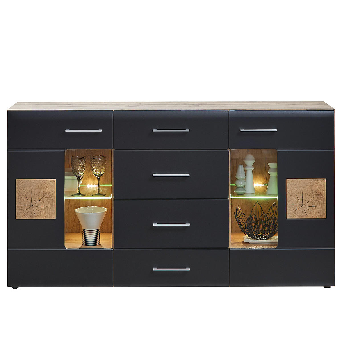 SIDEBOARD - Inkl. Beleuchtung - Matt Schwarz / Eiche Dekor - Silberfarben/Schwarz, Holzwerkstoff/Metall (170/93/40cm) - home24