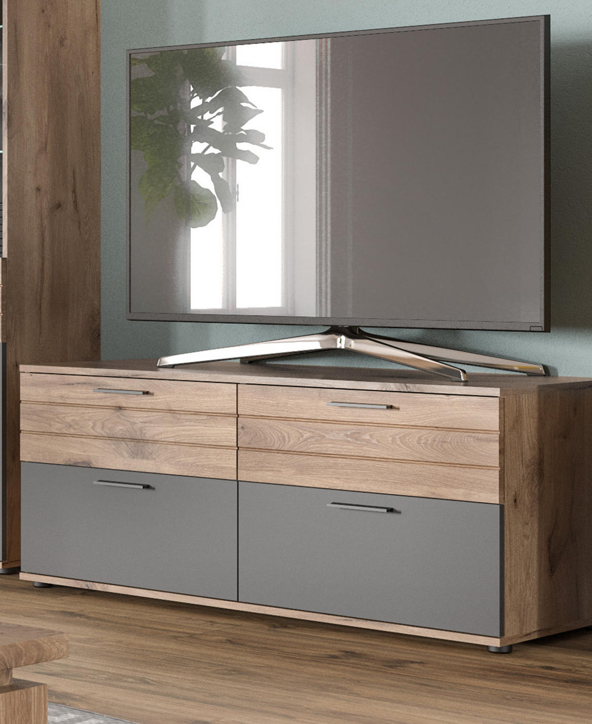 TV-UNTERTEIL Eiche, grau 130 cm, Lowboard mit Soft-Close, Wohn- und Esszimmermöbel - Eichefarben/Schwarz, Holzwerkstoff/Kunststoff (130/53/47cm) - Inn.Furn