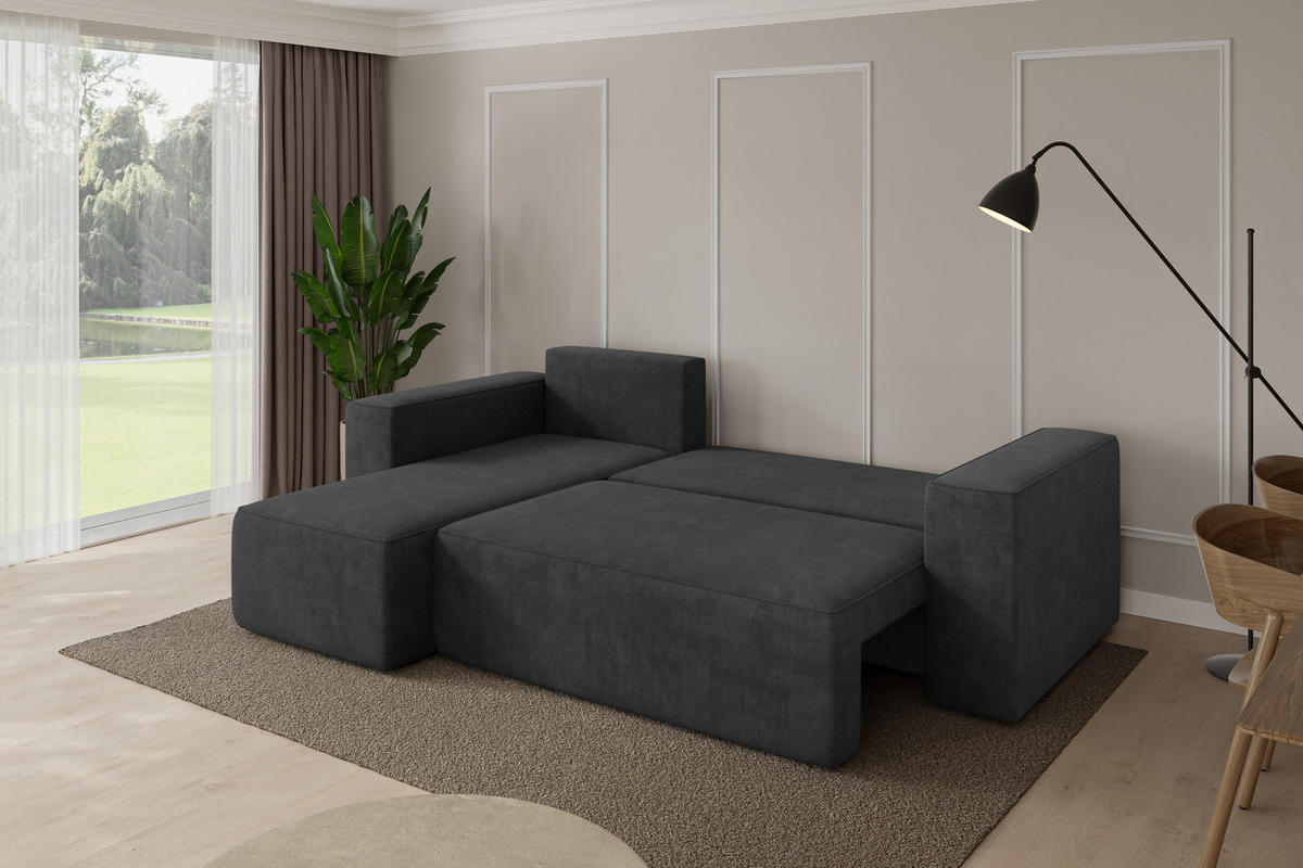 ROHOVÁ SEDAČKA s funkcí spaní, otoman vlevo SENO-L 249x139x85 tmavě šedá velur - černá/antracitová, kompozitní dřevo/textil (249/139cm) - ALTDECOR