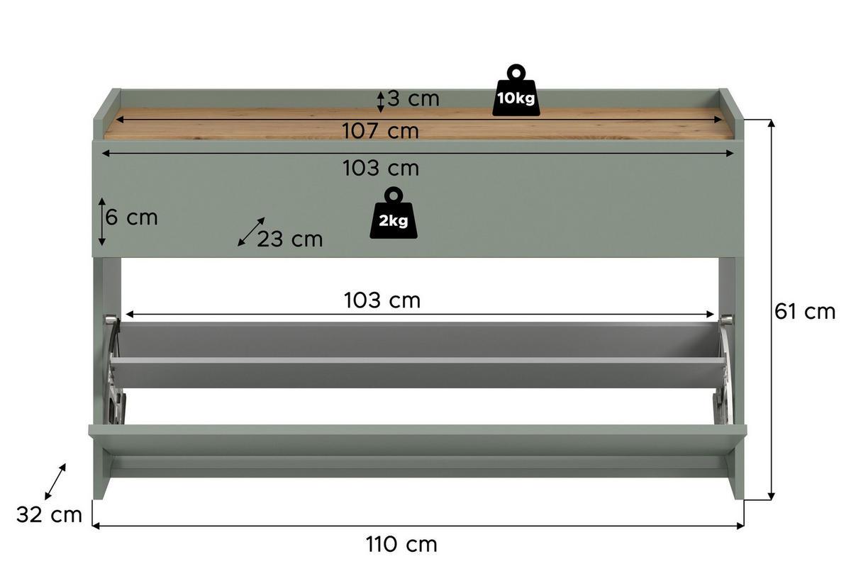 SCHUHKOMMODE DRIVE (B/H/T: ca. 110/61/32 cm) in Salbei/Salbei - Salbeigrün, Holzwerkstoff (110/61/32cm)