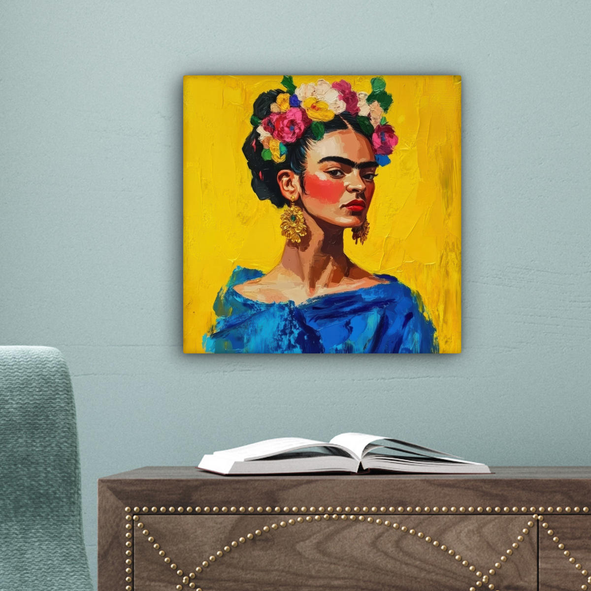 LEINWANDBILD Frida Kahlo - Frau - Gelb - Blau - Blumen 20x20 cm - Gelb, Textil (20/20cm) - MuchoWow