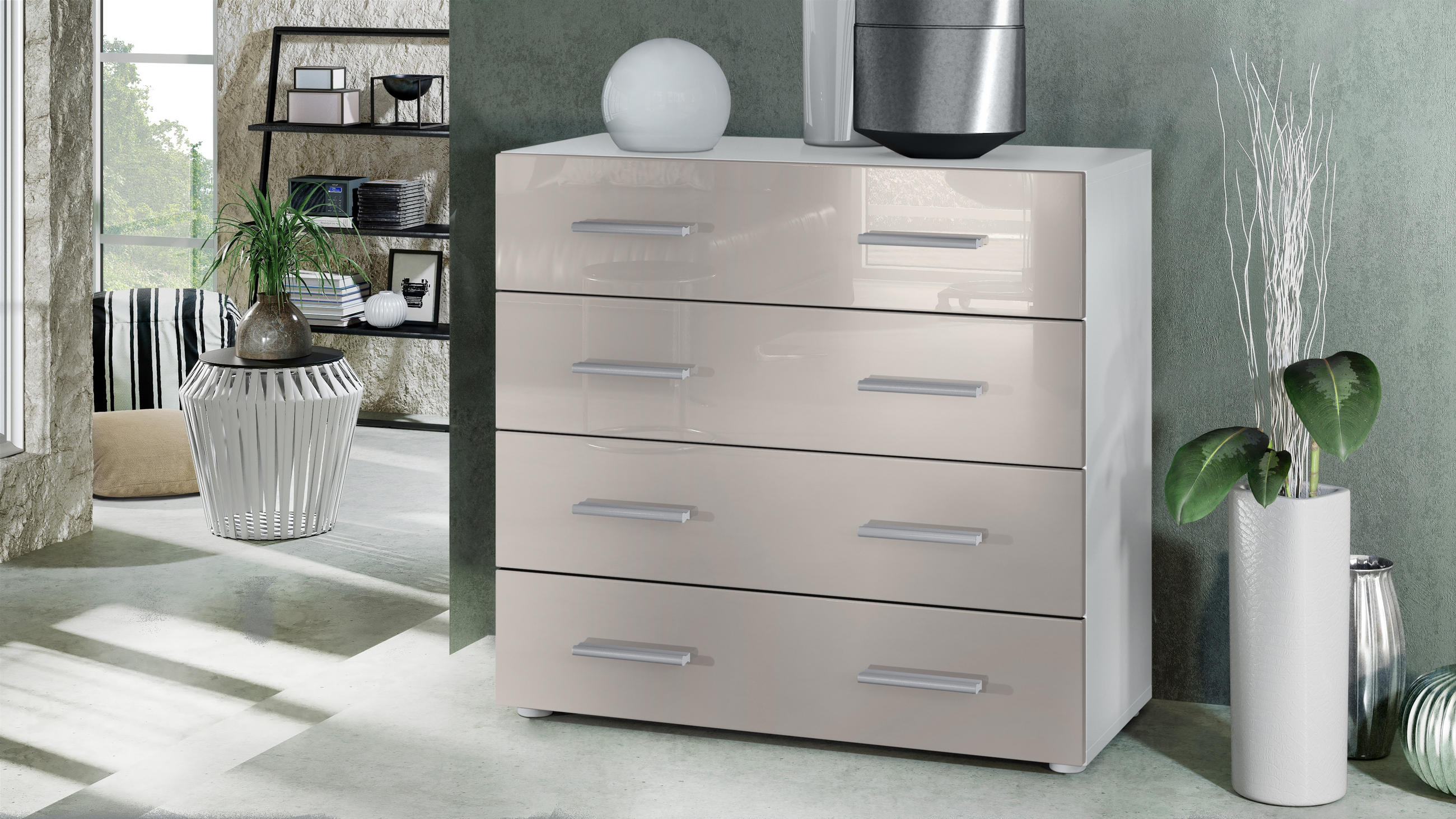 KOMMODE Pavos Sandgrau Hochglanz - Sandfarben, Holzwerkstoff (76/72/35cm) - Vladon