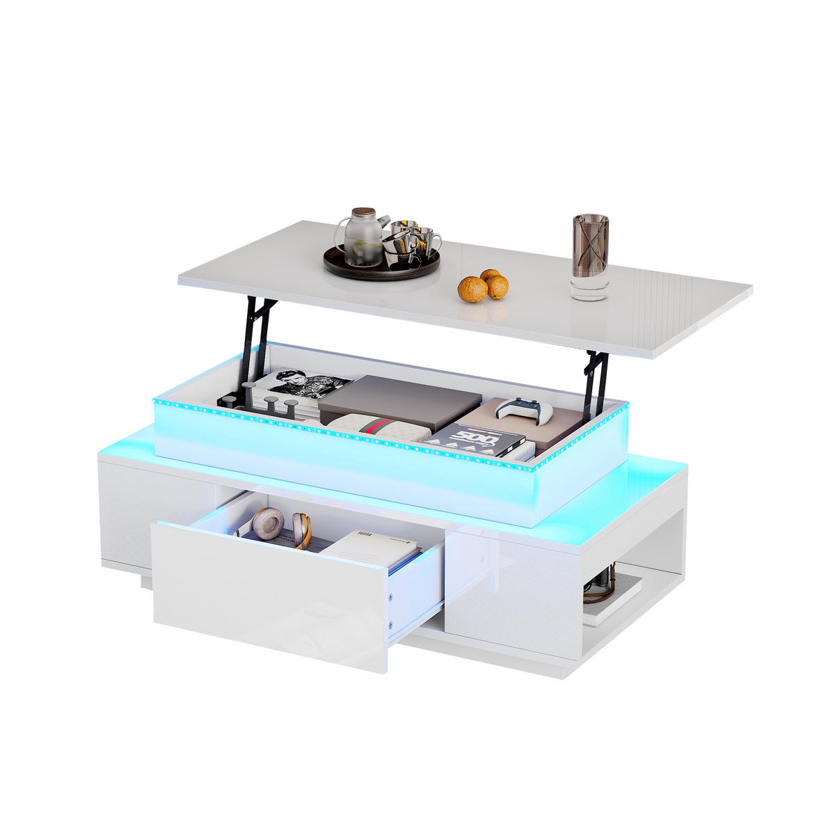 COUCHTISCH 96/45/40 cm Weiß Höhenverstellbar mit Stauraum und LED-Beleuchtung - Weiß, Holzwerkstoff (96/45/40cm) - OKWISH