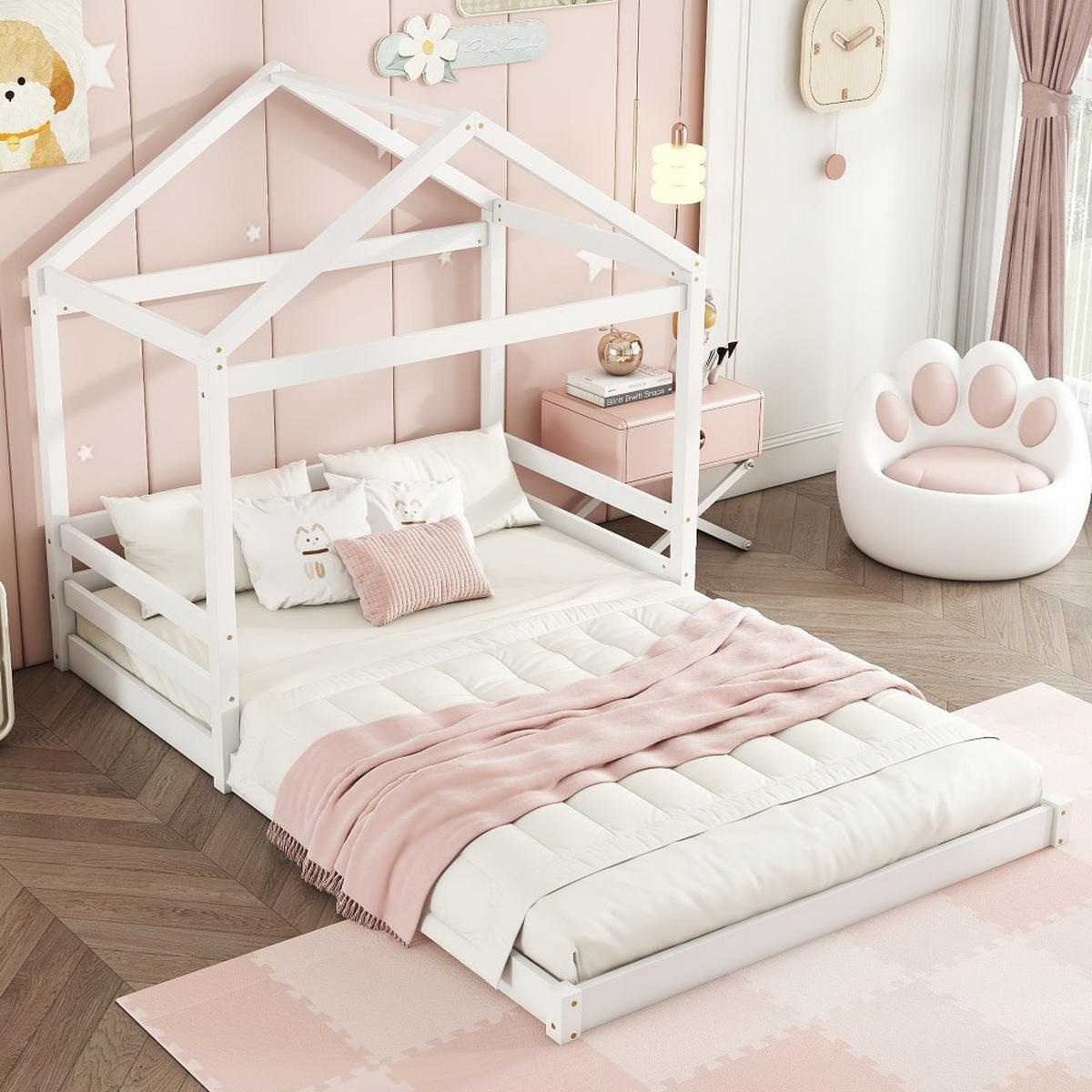 HAUSEBETT 140 x 200 cm in Weiß，Minimalistischer Stil - Weiß, Holz (140/200cm) - KOMHTOM