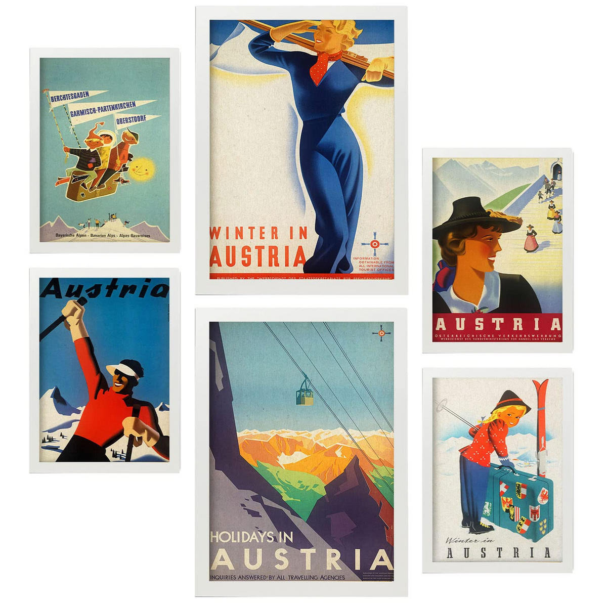 POSTER Set Mit 6 Vintage Österreich Größe A3 & A4 Weißer Rahmen - Weiß, Papier (29.7/1cm) - Nacnic