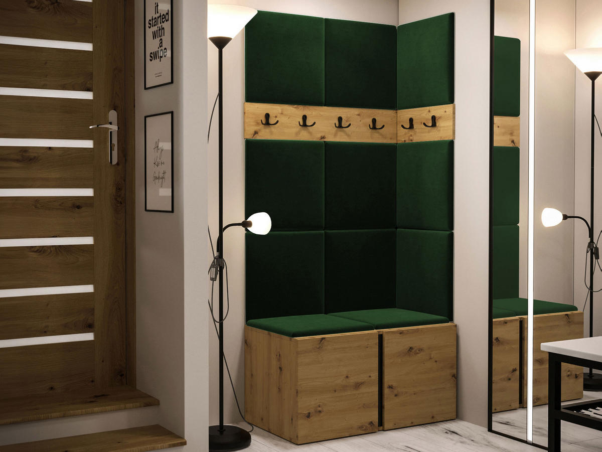 MOBILIER PENTRU HOL Orion I - verde/stejar Artisan, material plastic/compozit lemnos (84/186/46cm) - MIRJAN24