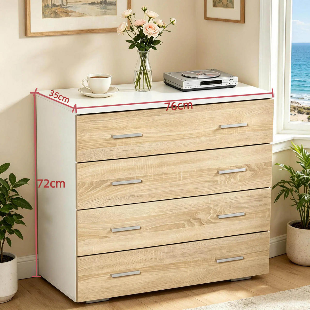 KOMMODE DE-38081 76/35/72 cm mit 4 Schubladen Weiß/Helles Holz - Eichefarben, Holzwerkstoff (76/72/35cm) - ComfortXL